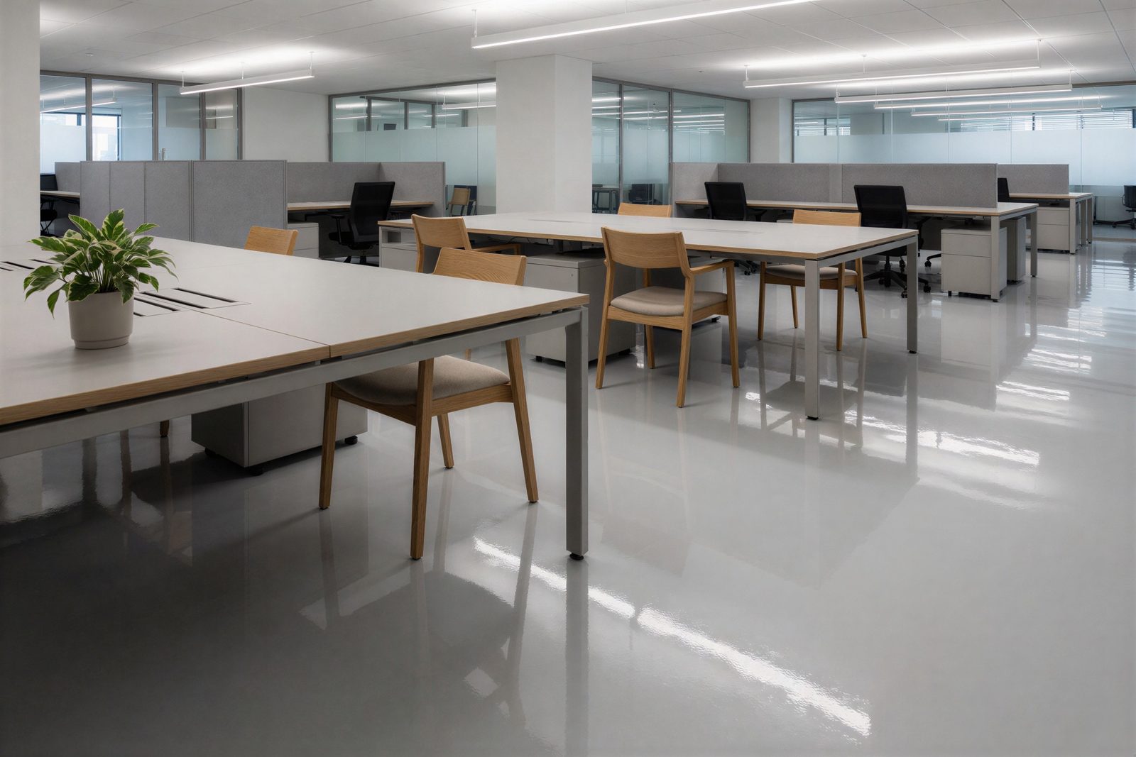 Open office with a red spiral staircase and glossy gray floor with red and yellow line markings