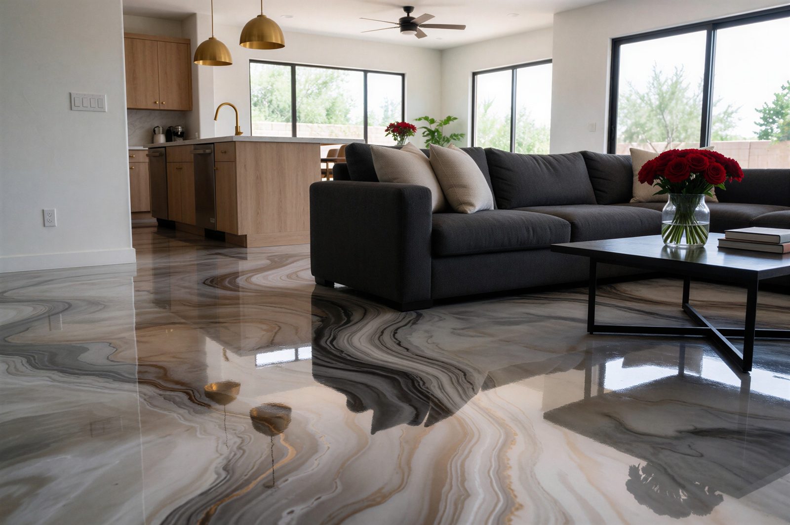 Swirling blue, gray and white pattern like a metallic epoxy floor finish